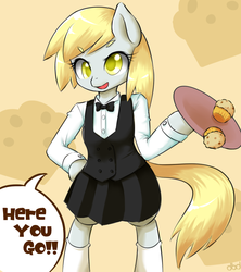 Size: 800x900 | Tagged: safe, artist:dobado, derpy hooves, pony, semi-anthro, g4, bipedal, female, muffin, pixiv, solo, waitress