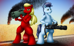 Size: 1200x750 | Tagged: safe, artist:livriel, soarin', oc, pegasus, pony, g4, m202 flash, minigun, rocket launcher, serious face, smoke, weapon