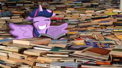 Size: 1920x1080 | Tagged: safe, artist:mamandil, artist:mr-kennedy92, twilight sparkle, alicorn, pony, g4, adorkable, big smile, book, cute, dork, female, irl, mare, photo, ponies in real life, stack, that pony sure does love books, twiabetes, twilight sparkle (alicorn), vector