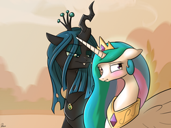 Size: 2592x1936 | Tagged: safe, artist:dmann892, princess celestia, queen chrysalis, alicorn, changeling, changeling queen, pony, g4, a better ending for chrysalis, blushing, crown, fanfic art, female, floppy ears, jewelry, lesbian, regalia, ship:chryslestia, shipping, smug, what if