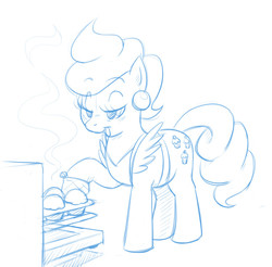 Size: 676x666 | Tagged: safe, artist:darkpandax, cup cake, earth pony, pony, g4, apron, baking, clothes, cupcake, ear piercing, earring, female, food, jewelry, lidded eyes, looking down, mare, monochrome, open mouth, oven, oven mitts, piercing, solo