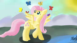 Size: 1280x720 | Tagged: safe, artist:jbond, fluttershy, butterfly, pegasus, pony, g4, female, mare, raised hoof, signature, solo, spread wings, wings