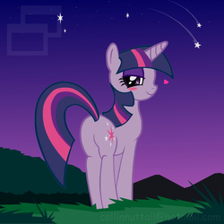 Size: 800x800 | Tagged: safe, artist:slushy, twilight sparkle, pony, unicorn, g4, bedroom eyes, blushing, butt, female, heart, looking at you, looking back, mare, night, plot, raised tail, smiling, solo, stars