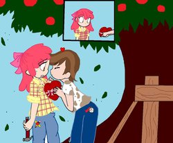 Size: 900x740 | Tagged: safe, artist:applecider1412, apple bloom, pipsqueak, human, g4, base used, blushing, female, hammer, humanized, male, ship:pipbloom, shipping, straight, valentine