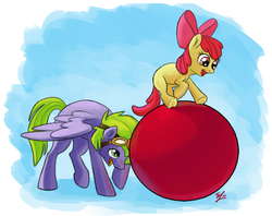 Size: 1125x891 | Tagged: safe, artist:beetlebot, apple bloom, spike, g4, ball, ponified, ponified spike
