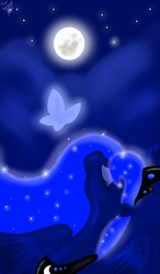 Size: 750x1280 | Tagged: safe, artist:vanezaescobedo, princess luna, alicorn, butterfly, pony, g4, eyes closed, female, looking up, moon, night, solo