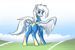 Size: 800x533 | Tagged: safe, artist:djp15, oc, oc only, oc:cirrus skybreaker, butt, looking back, plot, smirk, solo, spread wings, wonderbolts uniform