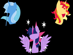 Size: 1600x1200 | Tagged: safe, artist:yaco, sunset shimmer, trixie, twilight sparkle, alicorn, pony, unicorn, g4, black background, bust, counterparts, cutie mark, cutie mark background, female, horn, lineless, magical trio, mare, moon, portrait, simple background, solo, spread wings, stars, sun, sunshine shimmer, twilight sparkle (alicorn), twilight's counterparts, wings