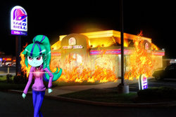 Size: 1600x1067 | Tagged: safe, artist:ilacavgbmjc, sonata dusk, equestria girls, g4, my little pony equestria girls: rainbow rocks, angry, arson, destruction, equestria girls in real life, evil, fire, irl, photo, ponies in real life, rage, solo, sonata dusk is not amused, sonataco, taco bell, that girl sure loves tacos, that siren sure does love tacos, unamused