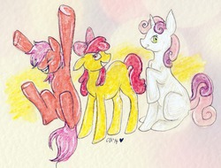 Size: 837x637 | Tagged: safe, artist:twinklestahh, apple bloom, scootaloo, sweetie belle, g4, cutie mark crusaders, traditional art