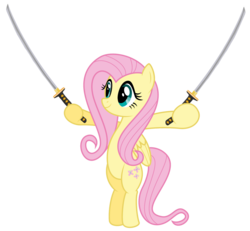 Size: 1301x1200 | Tagged: safe, alternate version, artist:schmuzart, fluttershy, pegasus, pony, g4, belly, bipedal, dual wield, female, get, index get, katana, mare, simple background, solo, sword, transparent background, vector, weapon