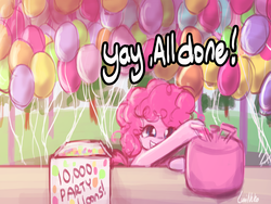 Size: 1920x1440 | Tagged: safe, artist:lumineko, pinkie pie, earth pony, pony, g4, balloon, balloon package, blowing up balloons, female, filly, happy, pixiv, solo, younger