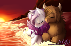 Size: 900x582 | Tagged: safe, artist:starshinebeast, oc, oc only, bison, buffalo, pony, unicorn, buffalo oc, commission, couple, cuddling, interspecies, snuggling, sunset