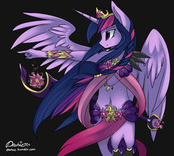 Size: 995x893 | Tagged: safe, artist:php41, derpibooru exclusive, twilight sparkle, alicorn, anthro, g4, belly button, black background, braid, crown, female, horn, jewelry, loincloth, midriff, multicolored hair, pointing, purple eyes, regalia, simple background, smiling, solo, spread wings, tiara, twilight sparkle (alicorn), unconvincing armor, wings