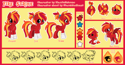 Size: 1200x628 | Tagged: safe, artist:starshinebeast, oc, oc only, oc:fire strike, bat pony, pegasus, pony, blue eyes, commission, emotions, female, foal, freckles, leg wraps, mare, multicolored hair, ponytail, red coat, reference sheet