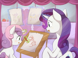 Size: 1200x900 | Tagged: safe, artist:keterok, rarity, sweetie belle, g4, carousel boutique, drawing, levitation, magic, pencil, sisters, sweetie belle's magic brings a great big smile