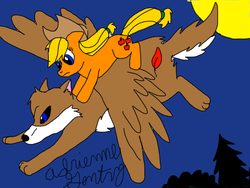 Size: 1024x768 | Tagged: safe, artist:adeanwolf, applejack, oc, wolf, g4, flying, non-mlp oc, winged wolf