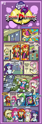 Size: 2200x6500 | Tagged: safe, artist:danmakuman, artist:thebrokencog, applejack, fluttershy, pinkie pie, rainbow dash, rarity, sunset shimmer, comic:equestria girls: dual destiny, equestria girls, g4, comic, humane six, spanish, translation