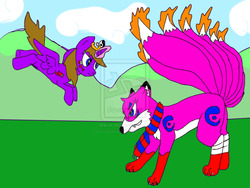 Size: 1024x768 | Tagged: safe, artist:adeanwolf, oc, oc only, alicorn, fox, kitsune, kyuubimon, pony, alicorn oc, butt, eyestrain warning, non-mlp oc, plot, vs