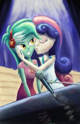 Size: 1024x1583 | Tagged: safe, artist:fox-moonglow, bon bon, lyra heartstrings, sweetie drops, equestria girls, g4, my little pony equestria girls: rainbow rocks, female, kissing, lesbian, microphone, musical instrument, piano, ship:lyrabon, shipping