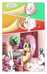 Size: 1393x2167 | Tagged: safe, artist:saturdaymorningproj, angel bunny, fluttershy, comic:angelic flutterboom, g4, bed, comic, teddy bear