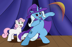 Size: 1280x840 | Tagged: safe, artist:thedigodragon, sweetie belle, trixie, pony, unicorn, g4, curtains, duo, female, mare, stage