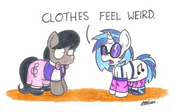 Size: 1839x1186 | Tagged: safe, artist:bobthedalek, dj pon-3, octavia melody, vinyl scratch, earth pony, pony, unicorn, g4, backwards cutie mark, clothes, duo, equestria girls outfit