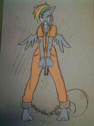 Size: 924x1232 | Tagged: safe, artist:gameboyred, rainbow dash, anthro, plantigrade anthro, g4, ambiguous facial structure, angry, barefoot, clothes, crying, cuffs, feet, female, jumpsuit, prison outfit, prisoner, prisoner rd, sad, shackles, solo, traditional art