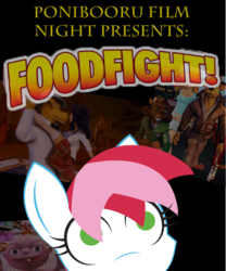 Size: 750x900 | Tagged: safe, artist:daisyhead, oc, oc only, oc:flicker, ponibooru film night, food fight, foodfight!