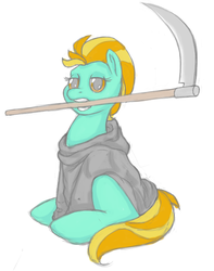 Size: 611x776 | Tagged: artist needed, safe, lightning dust, pegasus, pony, g4, clothes, costume, female, grim reaper, mare, mouth hold, robe, scythe, simple background, sitting, solo, white background