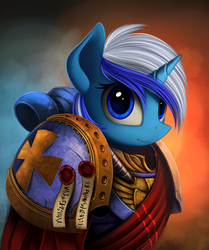 Size: 891x1067 | Tagged: safe, artist:yakovlev-vad, minuette, pony, unicorn, g4, crossover, female, looking at you, power armor, purity seal, solo, space marine, warhammer (game), warhammer 40k