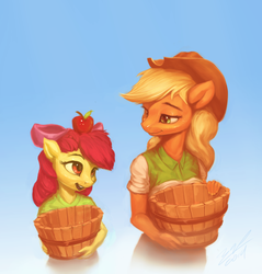 Size: 900x940 | Tagged: safe, artist:assasinmonkey, apple bloom, applejack, earth pony, anthro, g4, apple, basket, bow, female, freckles, hair bow, hat, open mouth, simple background, sisters, smiling