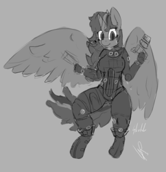 Size: 1017x1051 | Tagged: safe, artist:magical disaster, twilight sparkle, anthro, g4, breasts, clothes, cosplay, costume, female, flying, gantz, grayscale, gun, looking at you, monochrome, overall, rough sketch, seve, twilight sparkle (alicorn), wip