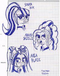 Size: 796x1004 | Tagged: safe, artist:mane-shaker, adagio dazzle, aria blaze, sonata dusk, equestria girls, g4, my little pony equestria girls: rainbow rocks, graph paper, looking at you, monochrome, ponified, the dazzlings, traditional art