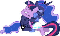 Size: 2348x1412 | Tagged: safe, artist:mlpcutepic, princess luna, twilight sparkle, alicorn, pony, unicorn, g4, diaper, diaper fetish, female, hug, mare, non-baby in diaper