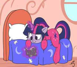 Size: 978x848 | Tagged: safe, artist:silver1kunai, twilight sparkle, g4, alternate hairstyle, bed, book, clothes, cute, day, female, footed sleeper, magic, pajamas, ponytail, prone, reading, smiling, solo, telekinesis, twiabetes