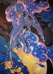 Size: 2150x3000 | Tagged: safe, artist:chio-kami, princess luna, g4, acrylic painting, beautiful, color porn, eyes closed, female, flying, high res, jewelry, long hair, long mane, long tail, shiny, solo, traditional art