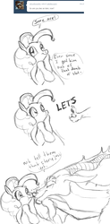 Size: 824x1672 | Tagged: safe, discord, pinkie pie, ask discopie, g4, ask, comic, female, interspecies, male, monochrome, ship:discopie, shipping, straight, tumblr
