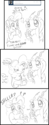 Size: 967x2454 | Tagged: safe, discord, pinkie pie, ask discopie, g4, ask, comic, female, interspecies, juice box, male, monochrome, ship:discopie, shipping, straight, tumblr