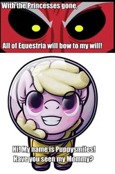 Size: 644x971 | Tagged: safe, artist:inlucidreverie, oc, oc only, oc:puppysmiles, earth pony, pony, fallout equestria: pink eyes, exploitable meme, fanfic, fanfic art, female, filly, foal, hazmat suit, hooves, looking at you, meme, smiling, teeth, text, tirek is doomed, tirek vs everyone meme