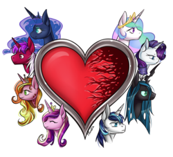 Size: 1000x909 | Tagged: safe, artist:moenkin, princess cadance, princess celestia, princess luna, queen chrysalis, rarity, shining armor, oc, g4, bust, heart, simple background, transparent background