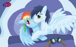 Size: 1280x800 | Tagged: safe, artist:tasticstarlight, rainbow dash, soarin', pegasus, pony, g4, aftersex, bandaid, bed, blushing, cuddling, duo, female, goggles, hug, male, mare, messy mane, pillow, ship:soarindash, shipping, smiling, snuggling, spread wings, stallion, straight