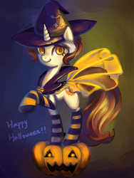 Size: 600x800 | Tagged: safe, artist:erica693992, oc, oc only, pony, unicorn, clothes, halloween, hat, jack-o-lantern, pumpkin, socks, solo, striped socks, witch, witch hat