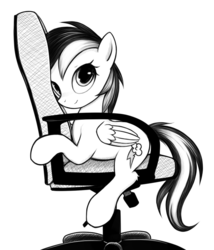 Size: 600x700 | Tagged: safe, artist:rainbow, rainbow dash, pegasus, pony, g4, chair, cute, female, looking at you, mare, monochrome, smiling, solo