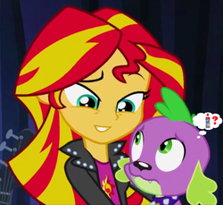 Size: 1096x1002 | Tagged: safe, edit, edited screencap, screencap, spike, sunset shimmer, dog, equestria girls, g4, my little pony equestria girls: rainbow rocks, bedroom eyes, cute, female, frown, grin, hug, love, male, ship:sunsetspike, shipping, smiling, spike the dog, straight, thought bubble, whipped cream, wide eyes