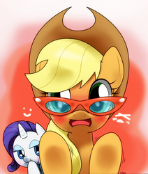 Size: 1100x1300 | Tagged: safe, artist:hoyeechun, applejack, rarity, earth pony, pony, unicorn, g4, accessory swap, applejack's hat, blushing, cowboy hat, cute, embarrassed, female, glasses, hat, horn, mare, open mouth, rarity's glasses, signature