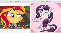 Size: 506x277 | Tagged: safe, rarity, sunset shimmer, derpibooru, g4, exploitable meme, juxtaposition, juxtaposition win, meme, meta