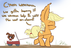 Size: 1100x750 | Tagged: safe, artist:heir-of-rick, applejack, winona, dog, g4, :o, alternate hairstyle, cute, eyes closed, filly, fluffy, impossibly large ears, jackabetes, pigtails, puppy, wagon, walking