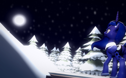 Size: 1680x1050 | Tagged: safe, artist:valkyrie1312, princess luna, g4, 3d, clothes, female, full moon, gmod, night, scarf, snow, snowfall, solo, tree, winter