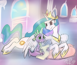 Size: 1024x878 | Tagged: dead source, safe, artist:rflzqt, princess celestia, spike, alicorn, dragon, pony, g4, day, duo, full body, lying down, pillow, prone, scroll, window